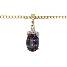 Load image into Gallery viewer, Preowned 9ct Yellow and White Gold Diamond &amp; Mystic Topaz Set Pendant on an 18&quot; curb chain with the weight 5.40 grams. The mystic topaz stone is 14mm by 10mm
