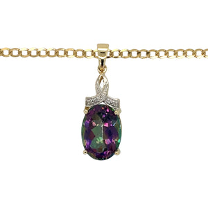 Preowned 9ct Yellow and White Gold Diamond & Mystic Topaz Set Pendant on an 18" curb chain with the weight 5.40 grams. The mystic topaz stone is 14mm by 10mm