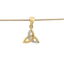 Load image into Gallery viewer, Preowned 9ct Yellow and White Gold &amp; Diamond Set Celtic Triquetra Knot Pendant on an 18&quot; curb chain with the weight 2.90 grams. The pendant is 2cm long including the bail
