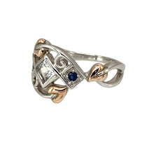 Load image into Gallery viewer, Preowned 925 Silver with 9ct Rose Gold Clogau White Topaz &amp; Sapphire Set Tree of Life Clogau Ring in size M with the weight 3.90 grams. The center topaz stone is 4mm by 4mm
