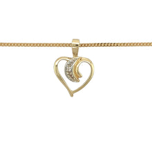 Load image into Gallery viewer, Preowned 9ct Yellow and White Gold &amp; Diamond Set Open Heart Pendant on a 16&quot; curb chain with the weight 2.30 grams. The pendant is 1.7cm long including the bail
