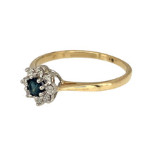 Load image into Gallery viewer, Preowned 9ct Yellow and White Gold Diamond &amp; Sapphire Set Cluster Ring in size P with the weight 1.70 grams. The sapphire stone is approximately 3.5mm diameter
