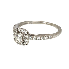 Load image into Gallery viewer, Preowned 18ct White Gold &amp; Diamond Set Halo Ring in size K with the weight 2.80 grams. The front of the ring is 7mm high and there is approximately 0.39ct of diamond content set in total. The ring has diamond set shoulders
