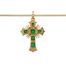 Load image into Gallery viewer, Preowned 18ct Yellow Gold &amp; Emerald Set Cross Pendant on a 16&quot; snake chain with the weight 6.50 grams. The pendant is 3.2cm long including the bail and the center emerald is approximately 3.5mm by 3.5mm
