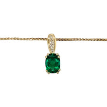 Load image into Gallery viewer, Preowned 14ct Yellow Gold Diamond &amp; Green Stone Set Pendant on an 18&quot; box chain with the weight 4.40 grams. The green emerald coloured stone is 8mm by 6mm
