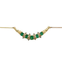 Load image into Gallery viewer, Preowned 9ct Yellow Gold Diamond &amp; Emerald Set Curved Bar 20&quot; Necklace with the weight 5.40 grams. The center emerald stone is 5mm by 4mm
