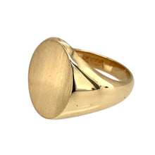 Load image into Gallery viewer, Preowned 9ct Yellow Gold Brushed Finish Oval Signet Ring in size U to V with the weight 11.20 grmas. The front of the ring is 1.9cm long including the bail
