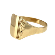 Load image into Gallery viewer, Preowned 9ct Yellow Gold Patterned Rectangle Signet Ring in size X with the weight 2.50 grams. The front of the ring is 13mm high
