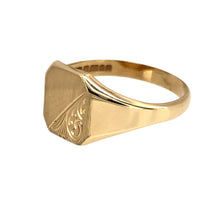 Load image into Gallery viewer, Preowned 9ct Yellow Gold Brushed Finish Patterned Rectangle Signet Ring in size Q with the weight 2.33 grams. The front of the ring is 11mm high
