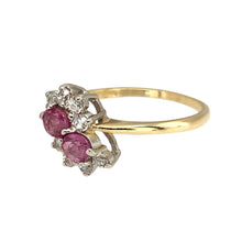 Load image into Gallery viewer, Preowned 9ct Yellow and White Gold Pink Stone &amp; Cubic Zirconia Set Flower Style Ring in size Q with the weight 2.10 grams. The pink stones are each 4mm diameter
