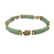 Load image into Gallery viewer, Preowned 9ct Yellow Gold &amp; Jade Set 7.5&quot; Bracelet with the weight 11.10 grams. The jade stones are each approximately 23mm by 8mm
