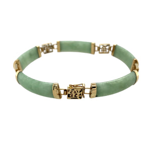 Preowned 9ct Yellow Gold & Jade Set 7.5" Bracelet with the weight 11.10 grams. The jade stones are each approximately 23mm by 8mm