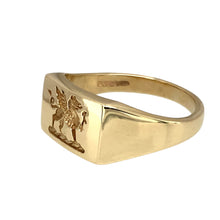 Load image into Gallery viewer, Preowned 9ct Yellow Gold Welsh Dragon Rectangle Signet Ring in size S with the weight 6.94 grams. The front of the ring is 9mm wide
