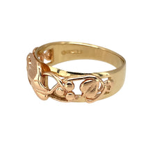 Load image into Gallery viewer, Preowned 9ct Yellow and Rose Gold Clogau Tree of Life Ring in size P with the weight 3 grams. The front of the ring is 8mm wide
