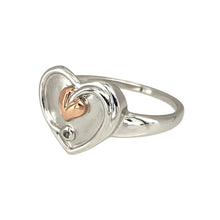 Load image into Gallery viewer, Preowned 925 Silver with 9ct Rose Gold &amp; White Topaz Set Heart Clogau Ring in size N with the weight 3.10 grams. The front of the ring is 12mm high
