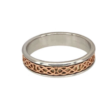 Load image into Gallery viewer, Preowned 925 Silver with 9ct Rose Gold Clogau Celtic Annwyl Slim Band Ring in size P with the weight 3.20 grams. The band is approximately 4.5mm wide
