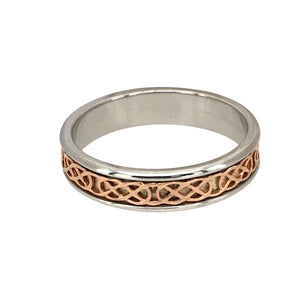 Preowned 925 Silver with 9ct Rose Gold Clogau Celtic Annwyl Slim Band Ring in size P with the weight 3.20 grams. The band is approximately 4.5mm wide