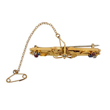 Load image into Gallery viewer, Preowned 15ct Yellow Gold Diamond Ruby &amp; Sapphire Set Vintage Brooch/Tie Pin with the weight 3.50 grams. The brooch is Chester Hallmarked and has a safety chain
