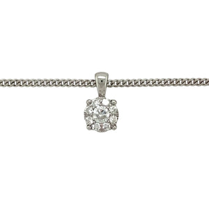 Preowned 18ct White Gold &amp; Diamond Set Multi Stone Solitaire Pendant on an 18" curb chain with the weight 6.20 grams. The pendant is 12mm long including the bail and there is approximately 0.22ct of diamond content in total