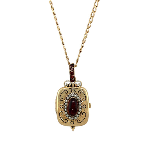 9ct Gold Garnet & Seed Pearl Patterned Locket 18