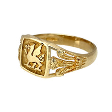 Load image into Gallery viewer, Preowned 9ct Yellow Gold Welsh Dragon Signet Ring with three feathers symbols on the shoulders. The ring is in size S with the weight 3.97 grams. The front of the ring is 10mm high
