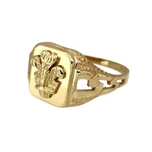 Load image into Gallery viewer, Preowned 9ct Yellow Gold Welsh Three Feathers Signet Ring in size U with the weight 4.43 grams. The front of the ring is 13mm high
