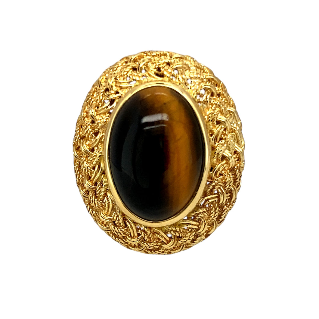 18ct Gold & Tiger's Eye Oval Cut Stone Weave Detail Ring