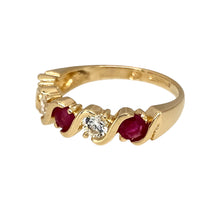 Load image into Gallery viewer, Preowned 9ct Yellow Gold Ruby &amp; Cubic Zirconia Set Band Ring in size K with the weight 2.30 grams. The ruby coloured stones are each 3mm diameter
