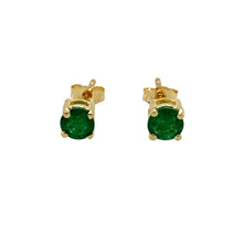 Load image into Gallery viewer, Preowned 10ct Yellow Gold &amp; Emerald Coloured Stone Set Stud Earrings with the weight 0.60 grams. The emerald coloured stones are each 4mm diameter
