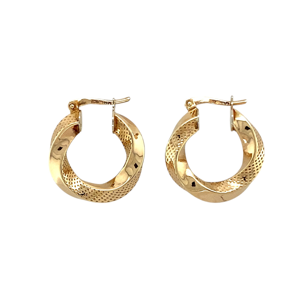 9ct Gold Patterned Twisted Hoop Creole Earrings