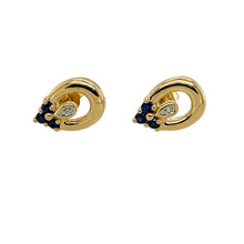 Load image into Gallery viewer, Add a touch of classic elegance with these stunning pre-owned 18ct gold diamond &amp; sapphire set teardrop stud earrings, featuring:

Design: A graceful teardrop shape, adorned with sparkling diamonds and rich sapphire stones for a timeless and sophisticated look.

Material: Expertly crafted from 18-carat gold, ensuring a luxurious and enduring finish.

Weight: A lightweight yet substantial 2.40 grams, offering comfort and durability.

Sapphire Details: Each earring features a 2mm diameter sapphire, adding a b
