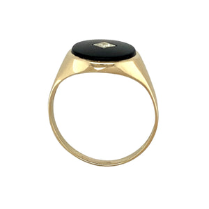 9ct Gold Diamond & Onyx Set Oval Cut Signet Ring