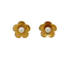 Load image into Gallery viewer, Add a touch of classic elegance to your jewellery collection with these pre-owned 9ct yellow gold &amp; pearl set flower stud earrings, featuring:

Design: Delicate flower-shaped stud earrings, each adorned with a lustrous pearl at the centre for a timeless and feminine look.
Material: 9-carat yellow gold, offering a warm and refined finish.
Gemstones: Each earring is set with a 3.5mm diameter pearl, adding a touch of sophistication and charm.
