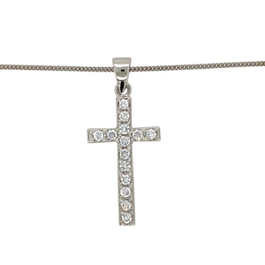 Add a touch of elegance and faith to your jewellery collection with this pre-owned 9ct white gold &amp; cubic zirconia set cross pendant necklace, featuring:

Design: A classic cross pendant, adorned with sparkling cubic zirconia for a refined and meaningful look.
Material: 9-carat white gold, offering a sleek and timeless appeal.
Gemstones: Set with cubic zirconia, adding brilliance and elegance.
Size &amp; Weight: The pendant measures 4cm long including the bail, with a solid weight of 7.30 grams