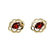 Load image into Gallery viewer, Add a touch of vintage charm to your jewellery collection with these pre-owned 9ct yellow gold &amp; garnet set flower style stud earrings, featuring:

Design: Elegant flower-style stud earrings, showcasing a timeless and feminine floral-inspired design.
Material: 9-carat yellow gold, offering a warm and classic appeal.
Gemstones: Each earring is set with a 6mm by 4mm garnet, known for its deep red hue and timeless beauty.
Weight: A lightweight yet durable 1.40 grams, ensuring comfortable everyday wear.

