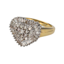 Load image into Gallery viewer, Preowned 9ct Yellow Gold &amp; Diamond Heart Cluster Ring in size M with the weight 7.40 grams. The front of the ring is 14mm high and is made up of baguette and brilliant cut diamonds to form a heart shape. There is approximately 1ct of diamond set in total
