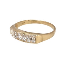 Load image into Gallery viewer, Preowned 9ct Yellow Gold &amp; Cubic Zirconia Set Band Ring in size R with the weight 2 grams. The front of the band is 5mm wide and the stones are baguette cut
