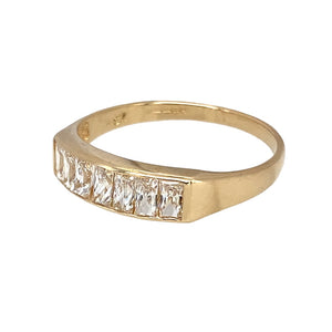 Preowned 9ct Yellow Gold & Cubic Zirconia Set Band Ring in size R with the weight 2 grams. The front of the band is 5mm wide and the stones are baguette cut