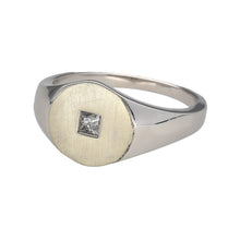 Load image into Gallery viewer, Preowned 9ct White Gold &amp; Diamond Set Brushed Finish Signet Ring in size U with the weight 9.80 grams. The front of the ring is 12mm high
