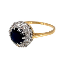 Load image into Gallery viewer, Preowned 18ct Yellow and White Gold Diamond &amp; Sapphire Set Cluster Ring in size O with the weight 3.60 grams. The sapphire stone is 7mm diameter
