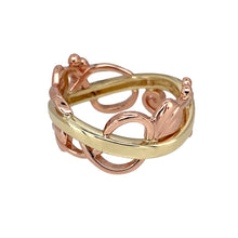 Load image into Gallery viewer, Preowned 9ct Yellow and Rose Gold Clogau Cymru Am Byth Tree of Life Style Ring in size M with the weight 4.60 grams. The band is approximately 10mm wide at the widest part
