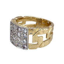 Load image into Gallery viewer, Preowned 9ct Yellow and White Gold &amp; Cubic Zirconia Set Curb Link Patterned Shoulders Ring in size T to U with the weight 12.70 grams. The front of the ring is 14mm wide
