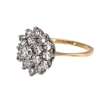 Load image into Gallery viewer, Preowned 9ct Yellow and White Gold &amp; Cubic Zirconia Set Cluster Ring in size M with the weight 2.80 grams. The front of the ring is 15mm high
