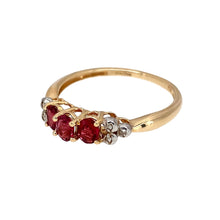 Load image into Gallery viewer, Preowned 9ct Yellow and White Gold Diamond &amp; Red/Pink Ruby coloured Stones Set Ring in size O with the weight 1.60 grams. The red stones is 4mm by 3mm
