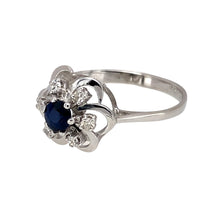 Load image into Gallery viewer, Preowned 14ct White Gold Diamond &amp; Sapphire Set Flower Ring in size O to P with the weight 2.30 grams. The sapphire stone is 4mm diameter and the front of the ring is 12mm high
