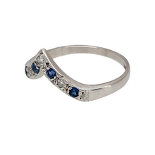 Load image into Gallery viewer, Preowned 9ct White Gold Diamond &amp; Sapphire Set Wishbone Ring in size P with the weight 2.20 grams. The band at the front is 4mm wide
