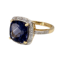 Load image into Gallery viewer, Preowned 9ct Yellow and White Gold Diamond &amp; Purple Stone Dress Ring in size M with the weight 3.60 grams. The purple stone is 10mm by 10mm
