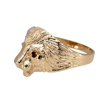 Load image into Gallery viewer, Preowned 9ct Yellow Gold &amp; Red Stone Set Lion&#39;s Head Ring in size Y with the weight 6.40 grams. The front of the ring is 17mm high and the red stones that are set as the eyes are each approximately 1.5mm diameter
