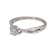 Load image into Gallery viewer, Preowned 18ct White Gold &amp; Diamond Set Solitaire Ring with crossover shoulders. The ring is in size R with the weight 2.80 grams. The diamond is approximately 25pt with the approximate clarity i1 and colour I - J
