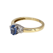 Load image into Gallery viewer, Preowned 9ct Yellow and White Gold Diamond &amp; Blue Stone Set Ring in size O with the weight 2 grams. The light sapphire blue coloured stone is 6mm by 5mm
